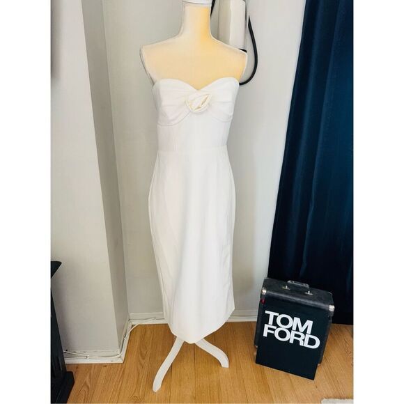 Monique Lhuillier‎ Leonor Strapless Crepe Midi Dress, Size 12, White, NWT - Picture 1 of 16